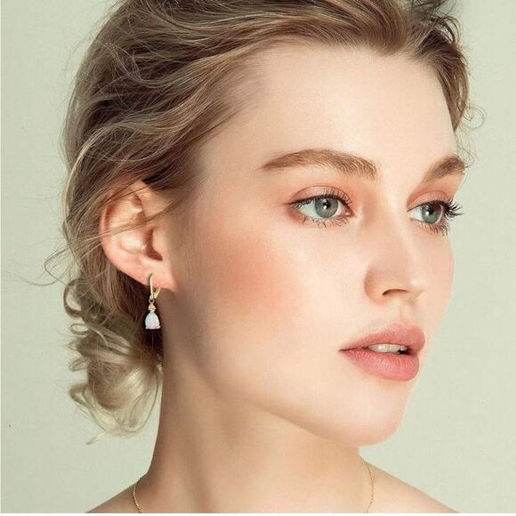 14K Yellow Gold with Genuine White Fire Opal and CZ Teardrop Leverback Earrings - Picture 5 of 5